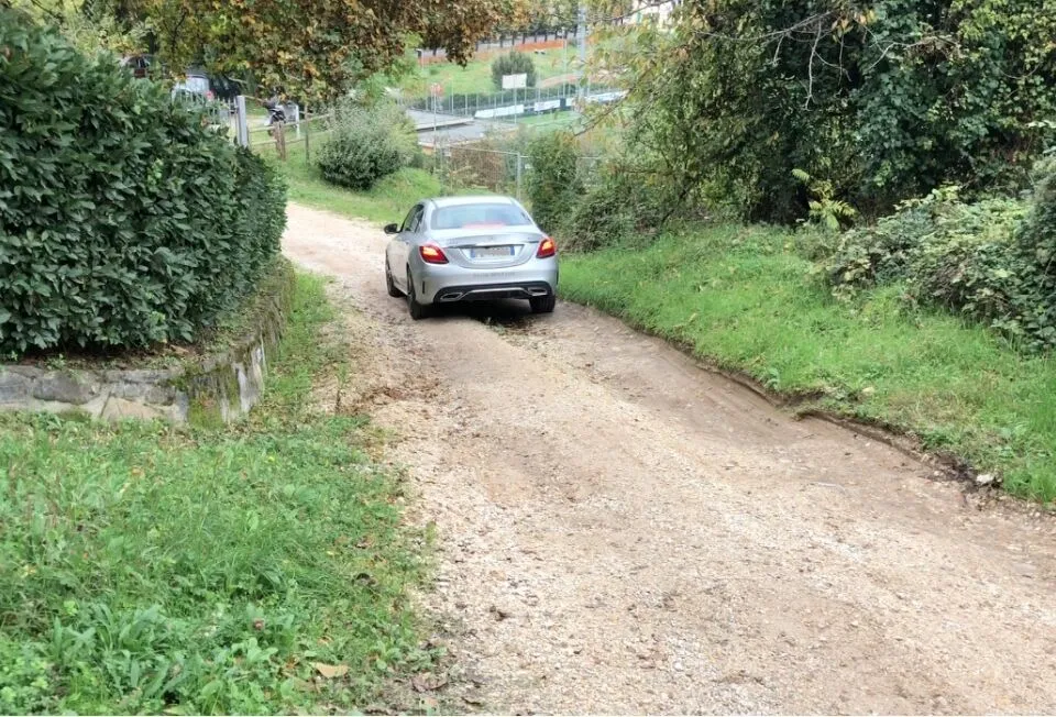 94 Auto impegnata nella difficile percorribilità di una strada sterrata circondata da vegetazione