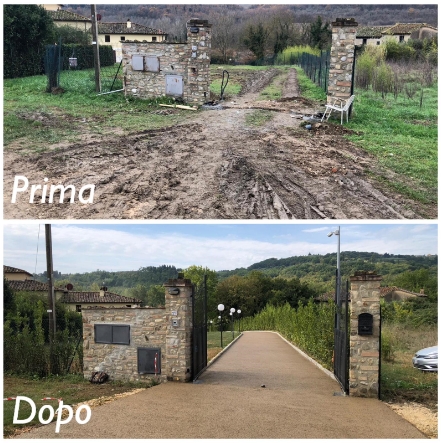 Prima e dopo ristrutturazione viale di accesso di un'abitazione in campagna, con immagine del viale da fangoso a pavimentato.