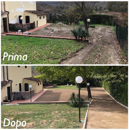 Prima e dopo la realizzazione di un parcheggio residenziale, con piazzale e vialetto trasformati da sterrati a pavimentati.