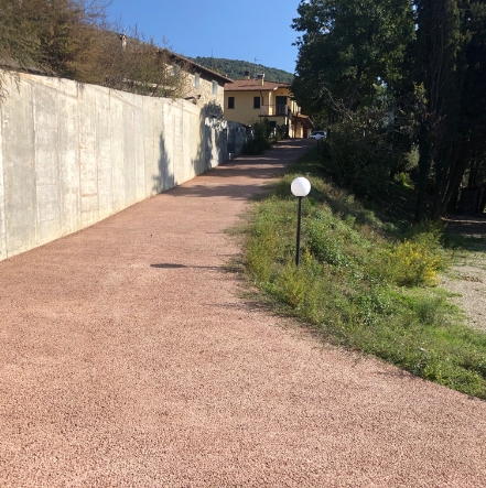 Strada residenziale con pavimentazione drenante, costeggiata da vegetazione da un lato, e muro in cemento dall'altro.