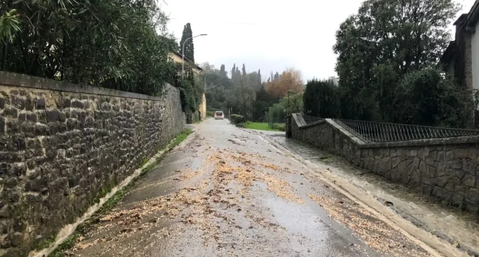 104 Rischi legati al trascinamento di detriti su strada bagnata, circondata da muri in pietra e vegetazione